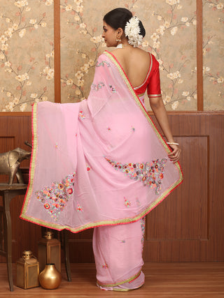 Baby Pink Pure Georgette Saree with Parsi-Inspired Hand Embroidery
