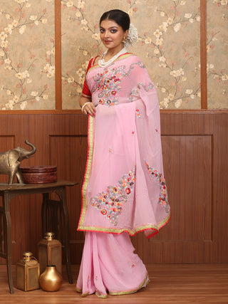 Baby Pink Pure Georgette Saree with Parsi-Inspired Hand Embroidery
