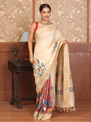 Pure Tussar Silk Designer Saree with Hand Kantha Embroidery & Kalamkari Painting