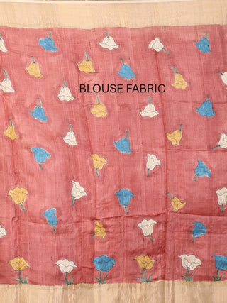 Pure Tussar Silk Designer Saree with Hand Kantha Embroidery & Kalamkari Painting