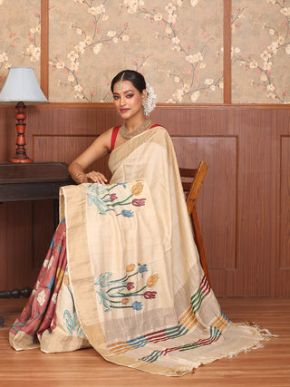 Pure Tussar Silk Designer Saree with Hand Kantha Embroidery & Kalamkari Painting