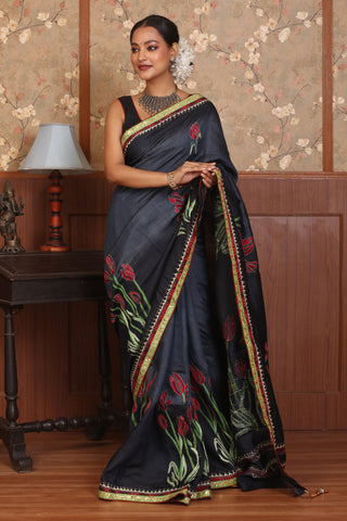 Charcoal Black Pure Tussar Silk Designer Saree with Hand Kantha Embroidery