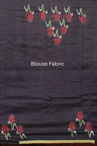 Charcoal Black Pure Tussar Silk Designer Saree with Hand Kantha Embroidery