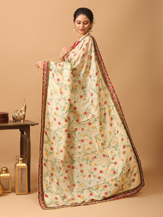 Beige Pure Tussar Silk Designer Saree with Hand Kantha Embroidery & Batik Work