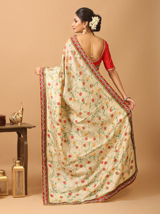 Beige Pure Tussar Silk Designer Saree with Hand Kantha Embroidery & Batik Work