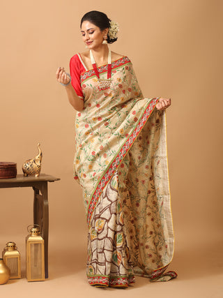 Beige Pure Tussar Silk Designer Saree with Hand Kantha Embroidery & Batik Work