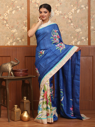 Royal Blue Pure Tussar Silk Designer Saree with Hand Aari Embroidery & Hand Painting