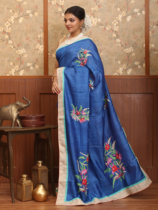 Royal Blue Pure Tussar Silk Designer Saree with Hand Aari Embroidery & Hand Painting