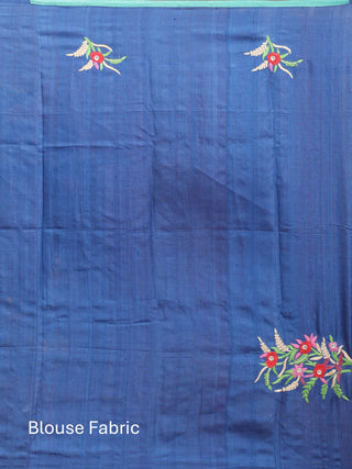Royal Blue Pure Tussar Silk Designer Saree with Hand Aari Embroidery & Hand Painting