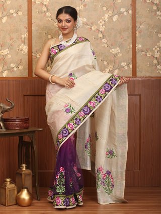 Beige And Purple Half and Half (Pure Tussar Silk & Net) Designer Saree with Machine Embroidery