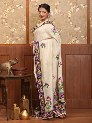 Beige And Purple Half and Half (Pure Tussar Silk & Net) Designer Saree with Machine Embroidery