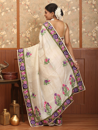 Beige And Purple Half and Half (Pure Tussar Silk & Net) Designer Saree with Machine Embroidery