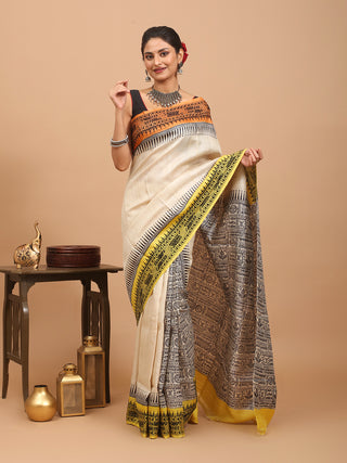 Beige Pure Tussar Silk Saree with Hand Block Print and Kantha Embroidery