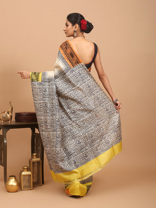 Beige Pure Tussar Silk Saree with Hand Block Print and Kantha Embroidery