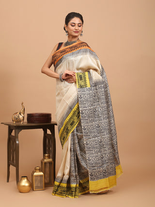 Beige Pure Tussar Silk Saree with Hand Block Print and Kantha Embroidery