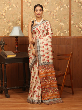 Beige Tussar Silk Saree with Exquisite Kantha Embroidery & Block Print