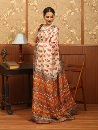 Beige Tussar Silk Saree with Exquisite Kantha Embroidery & Block Print