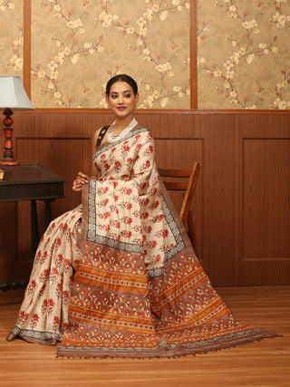 Beige Tussar Silk Saree with Exquisite Kantha Embroidery & Block Print