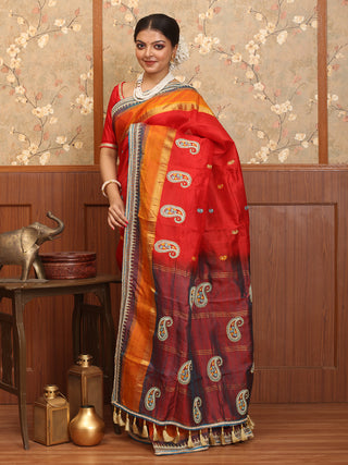 Regal Red Kanjivaram Silk Saree with Hand Aari Embroidery and Fancy Stone Border