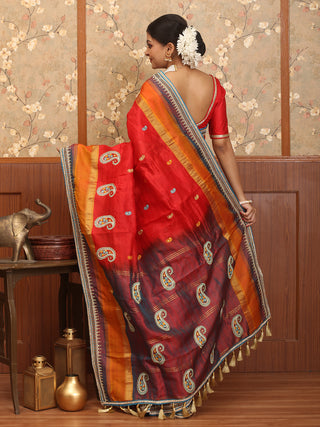 Regal Red Kanjivaram Silk Saree with Hand Aari Embroidery and Fancy Stone Border