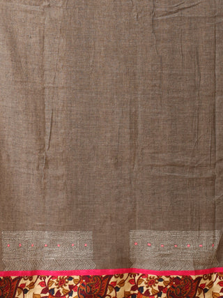 Pink And Grey Half And Half Bengal Handloom Cotton Saree With Hand Kantha Embroidery