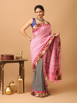 Pink And Grey Half And Half Bengal Handloom Cotton Saree With Hand Kantha Embroidery