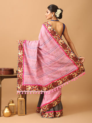 Pink And Grey Half And Half Bengal Handloom Cotton Saree With Hand Kantha Embroidery