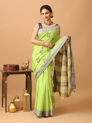 Light Green Begumpuri Saree With Hand Kantha Embroidery