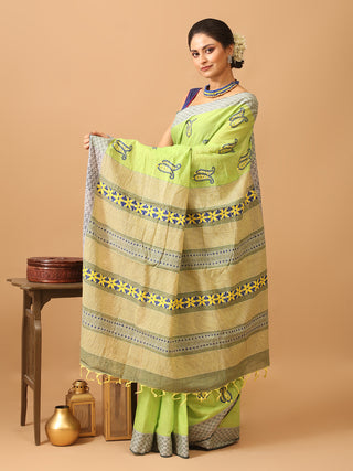 Light Green Begumpuri Saree With Hand Kantha Embroidery