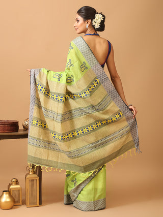 Light Green Begumpuri Saree With Hand Kantha Embroidery