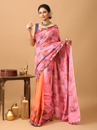 Pink And Peach Half And Half Saree With Hand Kantha Embroidery