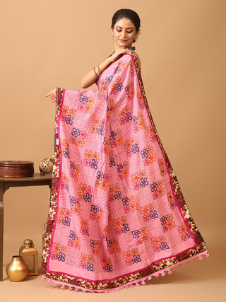 Pink And Peach Half And Half Saree With Hand Kantha Embroidery