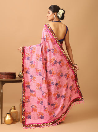 Pink And Peach Half And Half Saree With Hand Kantha Embroidery