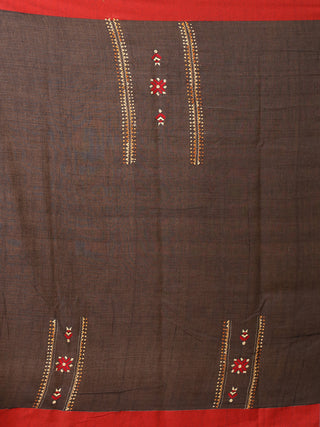 Blue-Red Bengal Soft Cotton Saree With Hand Kantha Embroidery