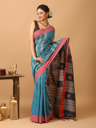 Blue-Red Bengal Soft Cotton Saree With Hand Kantha Embroidery