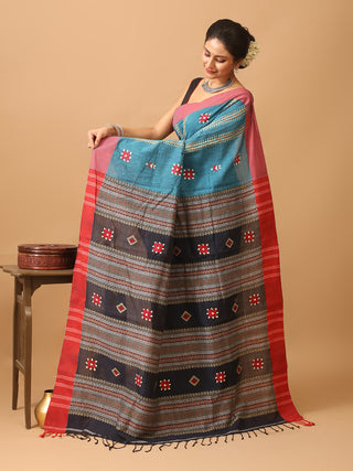 Blue-Red Bengal Soft Cotton Saree With Hand Kantha Embroidery