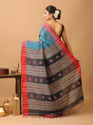 Blue-Red Bengal Soft Cotton Saree With Hand Kantha Embroidery