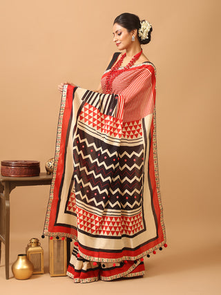 Red And Black Striped Mul Cotton Saree With Hand Embroidery And Pompoms