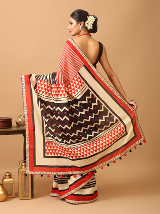 Red And Black Striped Mul Cotton Saree With Hand Embroidery And Pompoms