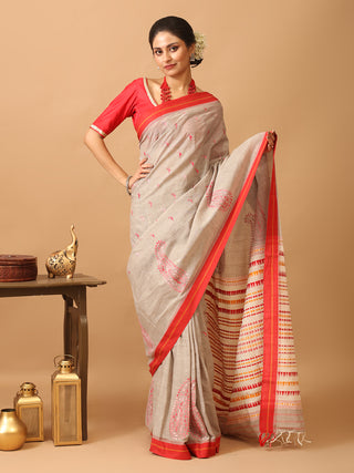 Light Grey And Red Begumpuri Saree With Hand Kantha Embroidery