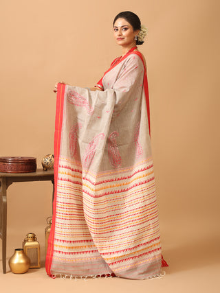 Light Grey And Red Begumpuri Saree With Hand Kantha Embroidery
