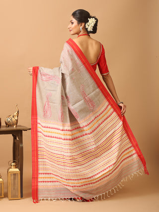Light Grey And Red Begumpuri Saree With Hand Kantha Embroidery