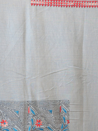 Blue And Red Bengal Soft Cotton Cotton Saree With Hand Kantha Embroidery