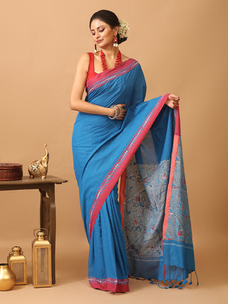Blue And Red Bengal Soft Cotton Cotton Saree With Hand Kantha Embroidery