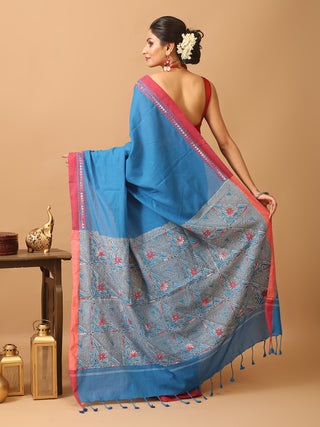 Blue And Red Bengal Soft Cotton Cotton Saree With Hand Kantha Embroidery