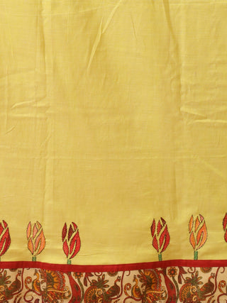 Yellowish Green Bengal Handloom Cotton Saree With Hand Kantha Embroidery