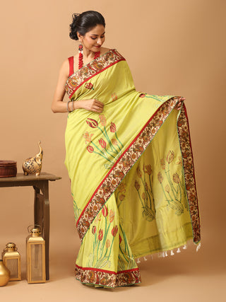 Yellowish Green Bengal Handloom Cotton Saree With Hand Kantha Embroidery