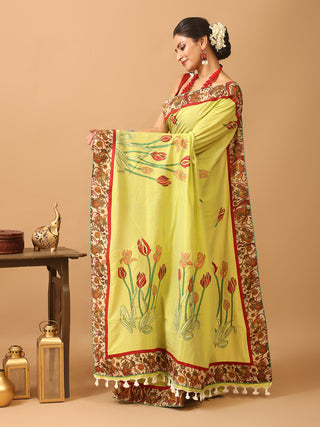 Yellowish Green Bengal Handloom Cotton Saree With Hand Kantha Embroidery