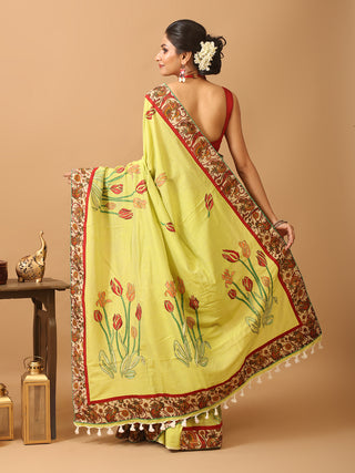 Yellowish Green Bengal Handloom Cotton Saree With Hand Kantha Embroidery