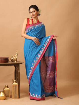 Blue And Red Bengal Handloom Cotton Saree With Hand Embroidery